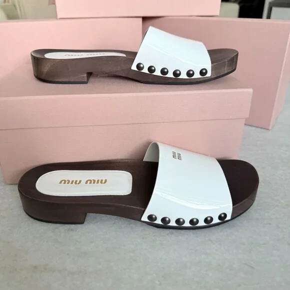 MIU MIU 5Z425E White Patent Leather Wooden Clogs Sandals, sz 38 - Picture 7 of 16
